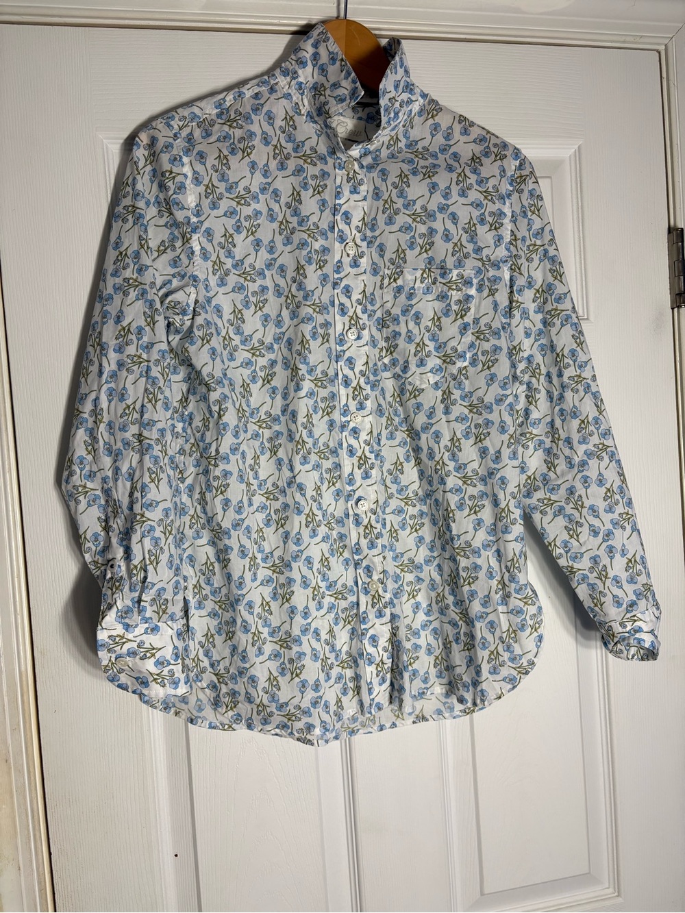 J. Crew White Button-Front Shirt with Blue & Green Floral Pattern